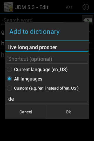 User Dictionary Manager for Android Add